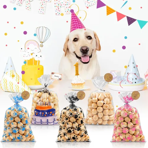 Vista 2 de 100 bolsas de celofán con estampado de patas de perro de mayor capacidad, bolsas de golosinas para perros y gatos con calcomanías, bolsas de dulces