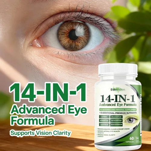Vista 5 de Evervision 14 en 1 fórmula avanzada para ojos, suplemento de vitaminas y minerales para los ojos, 60 cápsulas, 2