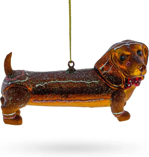 Vista 3 de Dapper Dachshund con arco - Adorno navideño de vidrio soplado