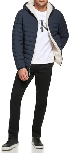 Vista 4 de Calvin Klein Chaqueta de plumón con capucha para hombre, abrigo acolchado, forro de sherpa