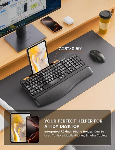 Vista 5 de SABLUTE - Combo de teclado y mouse inalámbricos ergonómicos con llave Wave Leather Soft Palm Rest, Rechargeable, 4-Level DPI, Phone Holder