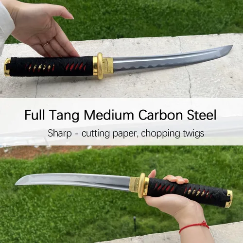 Vista 3 de Katana corta de 19 pulgadas espada samurái afilada mini espada samurái espada completa espiga 1045 acero al carbono medio oro tanto