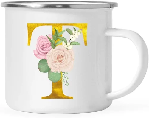 Vista 14 de Andaz Press Taza de café de acero inoxidable para niños de 11 onzas, regalo de taza de café de fogata, rosa rubor, monograma de oro sintético, letra