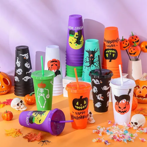 Vista 5 de Mifoci 36 vasos de plástico de Halloween para niños a granel con tapas y (Classic Color)
