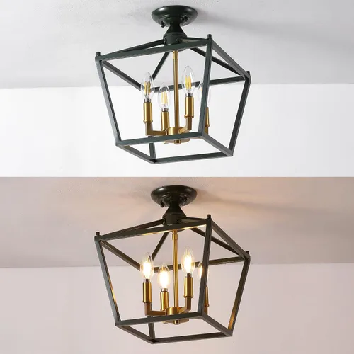 Vista 7 de JONATHAN Y Plains JYL7610H - Farol semiempotrado de hierro con 4 luces de 12 pulgadas, diseño de pagoda de marco abierto moderno de granja con jaula