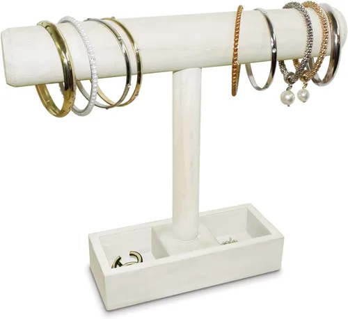Vista 3 de MOOCA Soporte de exhibición ligero de madera para joyas con barra en T con bandeja de almacenamiento de 2 compartimentos para pulseras, relojes