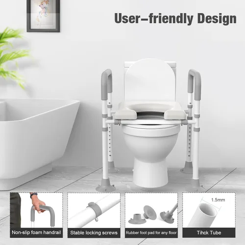 Vista 7 de Asiento de inodoro elevado con asas: elevadores de asistencia de inodoro ajustables para personas mayores, soporte de asiento de inodoro elevado