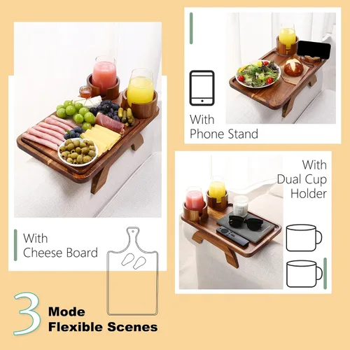 Vista 2 de Nnewvante Mesa de Brazo de Sofá con Tabla de Quesos, 4 en 1 Grande 15.7"x9.85" Madera de Acacia Bandeja con Clip para Brazo de Sofá con 360°