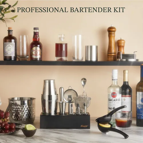 Vista 6 de KITESSENSU Boston Shaker Set Mixology Bartender Kit Kit de coctelera premium con soporte Accesorios profesionales para herramientas de bar
