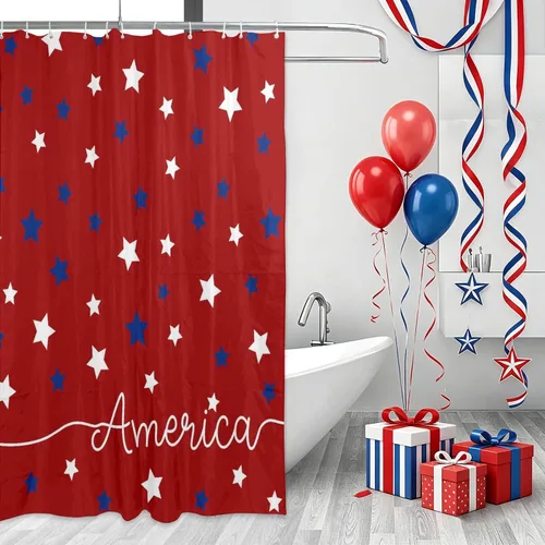 Vista 4 de Cortina de ducha patriótica de Estados Unidos para baño, cortina de baño de secado rápido con estrellas rojas y azules del 4 de julio, bañeras