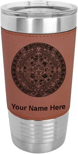 Vista 11 de LaserGram Vaso aislado al vacío de 20 onzas, calendario azteca, grabado personalizado incluido (piel sintética, estilo béisbol)