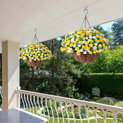 Vista 4 de Cesta de flores artificiales colgantes para decoración de primavera al aire libre, flores falsas de seda resistentes a los rayos UV, margaritas