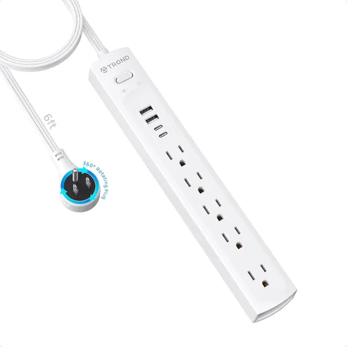 Vista 9 de TROND - Tira de alimentación con protector de sobretensiones, enchufe plano giratorio 360°, 5 tomas ampliamente espaciadas con 2 USB C y 2 USB A