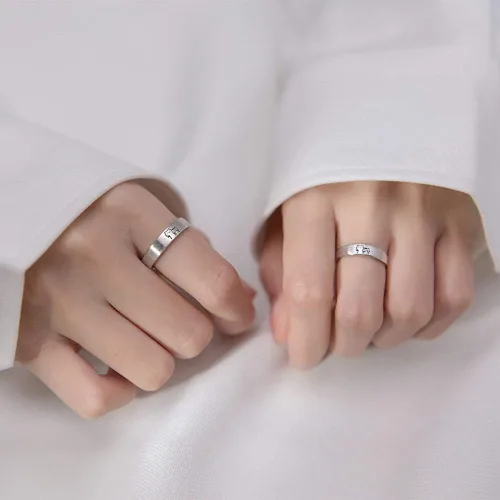 Vista 2 de Encantadores anillos de plata de ley S925 con diseño de gato, para él y ella, ajustable, para aniversario, compromiso, compromiso, amor, juego