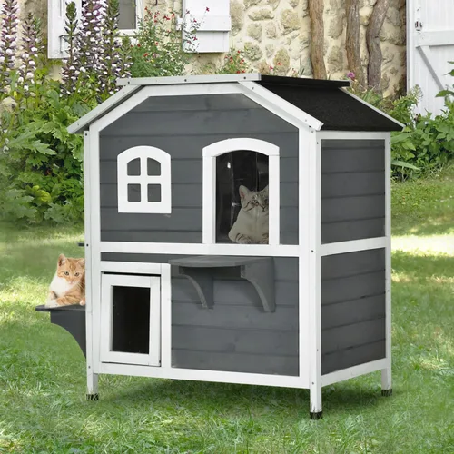 Vista 8 de Casa para gatos de 2 pisos al aire libre, recinto de madera resistente a la intemperie