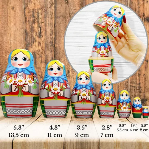 Vista 3 de AEVVV Juego de 7 muñecas rusas de anidación - Muñeca Matryoshka en vestido tradicional bielorruso - Muñeca rusa con acianos, espiguillas y flores