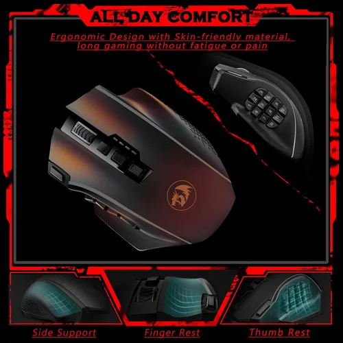 Vista 7 de Redragon Mouse inalámbrico para juegos, mouse MMO para juegos de hasta 16,000 DPI, 16 botones programables macro, recargable RGB con 12 botones