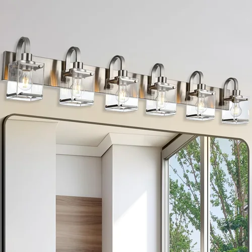 Vista 16 de Lámparas de tocador de baño de 3 luces, modernas luces de tocador con pantalla de vidrio transparente, lámpara de pared de níquel cepillado