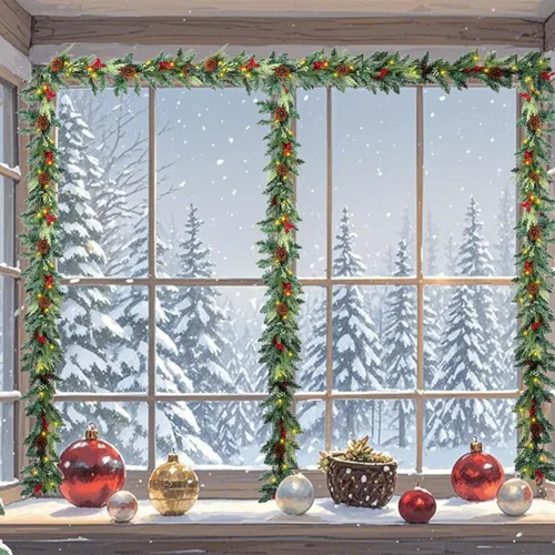Vista 10 de Guirnalda de Navidad Preencendida de 6 Pies, Decoraciones Navideñas, Guirnalda Iluminada a Batería para Interiores con Bayas Rojas, Bolas