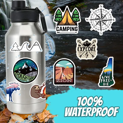 Vista 2 de 200 calcomanías de camping – botellas de agua, aventura al aire libre, paquetes de calcomanías impermeables de vinilo para laptop, viajes