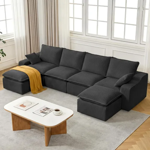 Vista 10 de Sofá seccional de pana sin hueso de 107 pulgadas para sala de estar, sofá modular con diván en forma de L, moderno sofá modular con asiento profundo