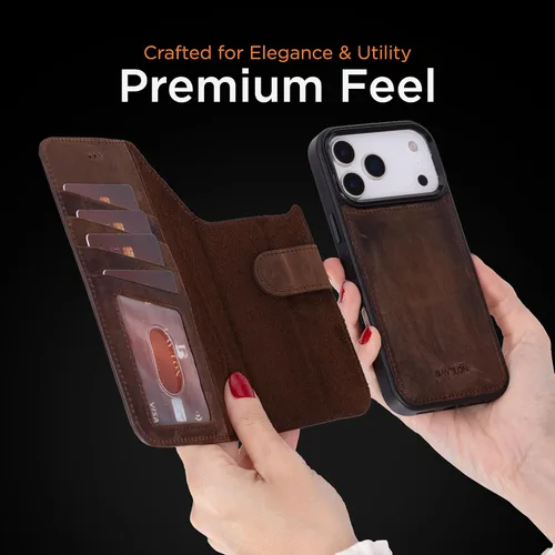 Vista 115 de Bayelon Funda tipo cartera para iPhone 15 Pro, cartera de cuero de grano completo, funda magnética desmontable, tarjetero, funda tipo cartera