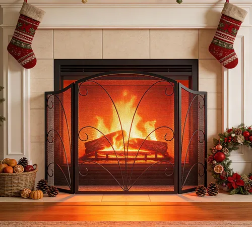 Vista 2 de Kingson - Pantalla para chimenea de 3 paneles con arco decorativo, hecha a mano, de hierro forjado con espiral, cubierta protectora contra chispas
