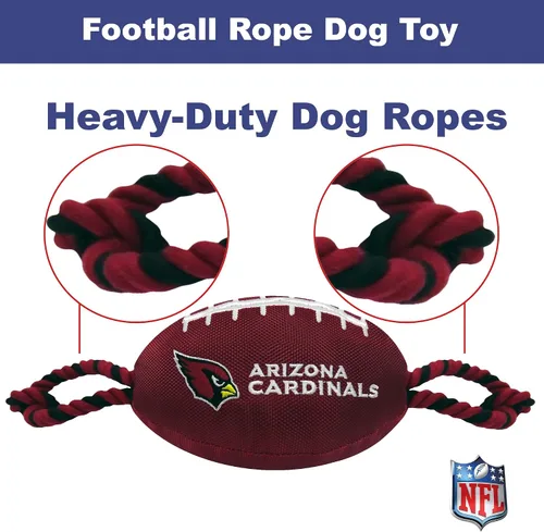Vista 5 de Juguetes de fútbol NFL Arizona Cardinals para perros de Pets First, materiales de nylon de alta calidad, fuertes cuerdas de tracción, silbato