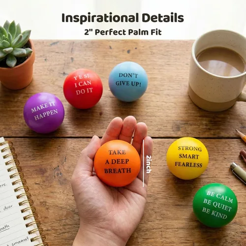 Vista 4 de LovesTown 18 bolas motivacionales para aliviar el estrés, juguetes para apretar, espuma colorida de 2 pulgadas con quetos positivos para niños
