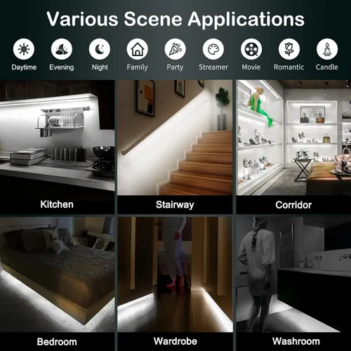 Vista 2 de Luces con sensor de movimiento para debajo del gabinete: tira de luces LED enchufables para interiores con adaptador de corriente, atenuador