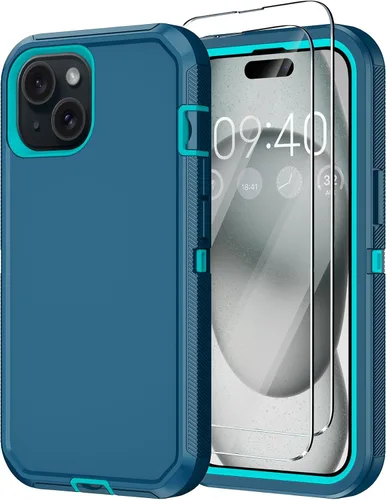 Vista 12 de Funda para iPhone 15 con 2 Protectores de Pantalla, Protección Contra Caídas a Prueba de Golpes, Cuerpo Completo, Uso Pesado, 3 Capas, Militar Negro