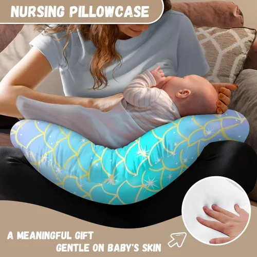 Vista 6 de Forchrinse Funda de almohada de lactancia con escamas de sirena azul para niñas, funda de almohada de lactancia de princesa para madres que