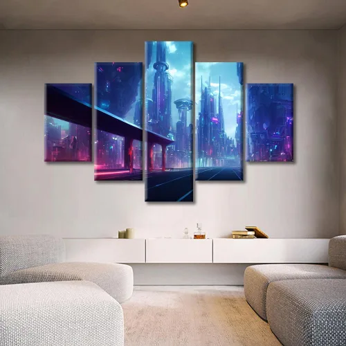Vista 122 de Cuadros de 5 paneles de Cyberpunk City, arte de pared, representación de vallas publicitarias, edificios modernos en la capital con obras de arte