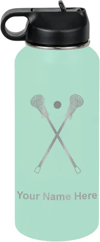 Vista 66 de LaserGram Botella de agua personalizada, palitos de lacrosse, acero inoxidable de doble pared aislada al vacío con popote superior, regalo grabado