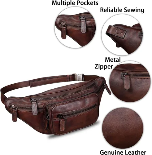 Vista 6 de Riñonera de cuero genuino Riñonera de cuero de vaca casual senderismo Sling Bag Crossbody Pecho Bolsas hombro Daypack, Café, Vintage