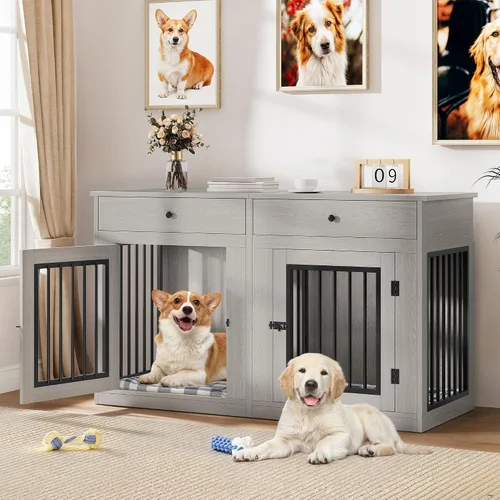 Vista 8 de DWVO Jaula Doble para Perros de 63 Pulgadas para 2 Perros, Soporte de TV de Jaula para Perros de Madera Resistente con Estación de Carga, Mueble