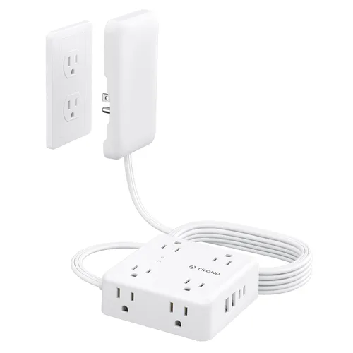 Vista 13 de TROND - Tira de alimentación con cubierta de toma, cable de extensión plano corto de 3 pies con 8 tomas de CA y 4 puertos USB, 13A/1625W, protector
