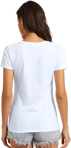 Vista 4 de Camiseta básica de media manga con cuello redondo para mujer, casual, color liso, de algodón