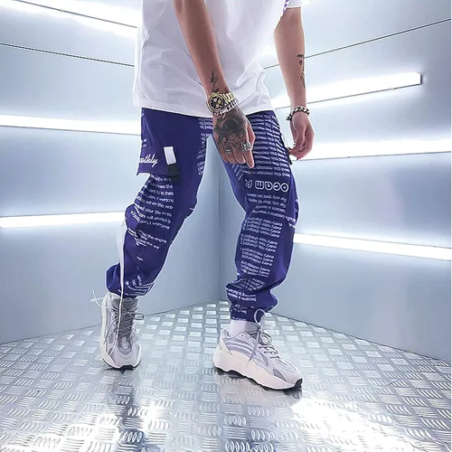 Vista 2 de XYXIONGMAO Pantalones deportivos tácticos casuales japoneses morados para hombre, pantalones de hip hop, ropa de calle, pantalones de carga
