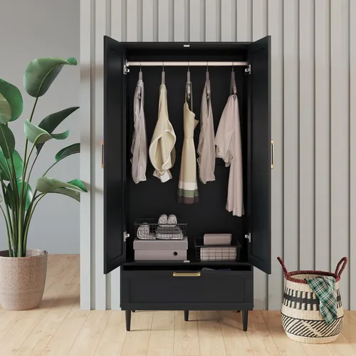Vista 4 de Armario Morden para dormitorio, armario con barra para colgar, 60 pulgadas, 2 puertas, para ropa con cajones, armario de almacenamiento Morden, Negro