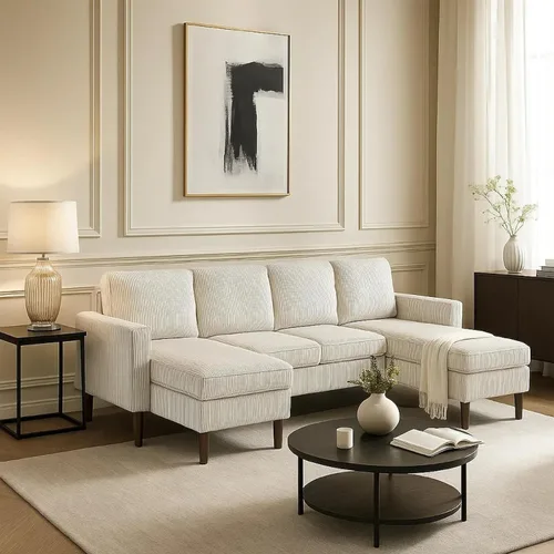 Vista 2 de Benzara Nyla All-in-One Sectional Sofa Set with Double Chaise, Beige Corduroy