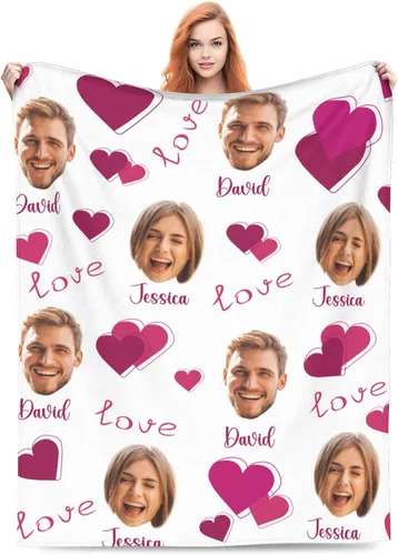 Vista 9 de Manta de fotos personalizada para parejas, 30 x 40 pulgadas, divertida manta de franela de forro polar suave con patrón de corazón sin costuras
