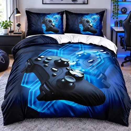Vista 19 de Juego de funda de edredón de tamaño individual con estampado 3D de Gamepad azul para niños, fundas de edredón y fundas de almohada para dormitorio