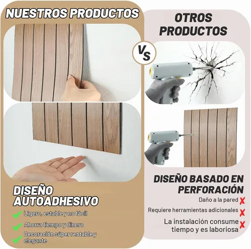 Vista 3 de 10 paneles de pared de listones de madera para despegar y pegar