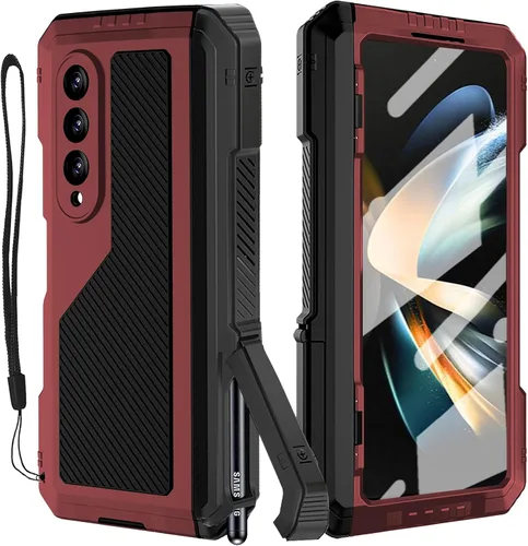 Vista 8 de Funda de metal para Samsung Galaxy Z Fold 4 con soporte para bolígrafo S, funda militar resistente Z Fold4 con protector de pantalla integrado, Negro
