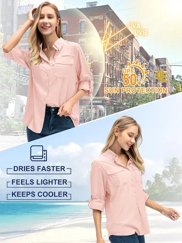 Vista 3 de Camisas Safari de manga larga con protección solar UV UPF 50 para mujer 6 Rosa