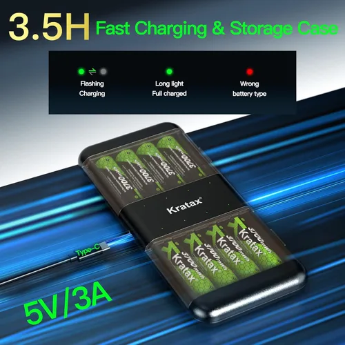 Vista 2 de Kratax 3700mWh AA Rechargeable Lithium Batteries with Charger, 12pack high Capacity Double A li-ion Batteries 1.5v, Long Lasting, Ultra-Thin Battery