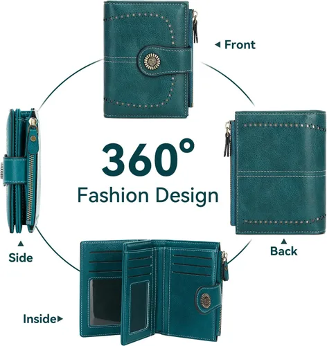 Vista 5 de Cartera pequeña de piel plegable para mujer, de gran capacidad, con bloqueo Rfid, con cremallera, con 16 ranuras para tarjetas y 2 ventanas