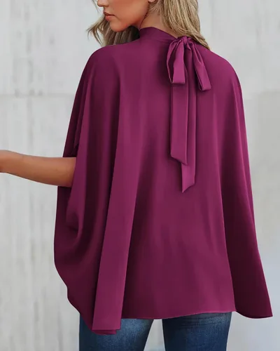 Vista 97 de BTFBM Blusas de verano para mujer, cuello alto falso, manga murciélago, holgadas, dobladillo alto y bajo, blusas informales de gran