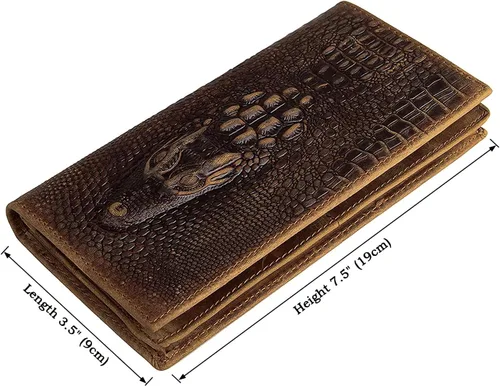 Vista 5 de Cartera larga para hombre, doble pliegue, piel de vaca de grano superior, estampado de cocodrilo, múltiples ranuras para tarjetas., Marrón, Vogue